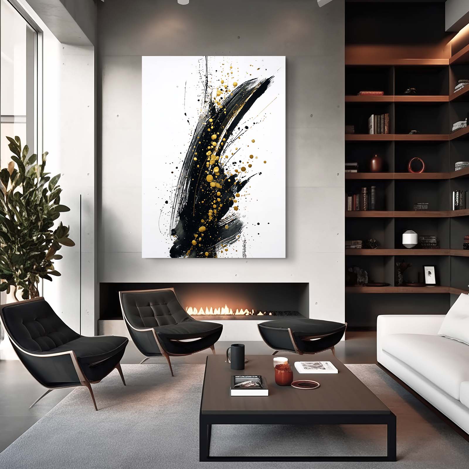 Ink Stroke Speckle Gold Art – styled in a furnished interior