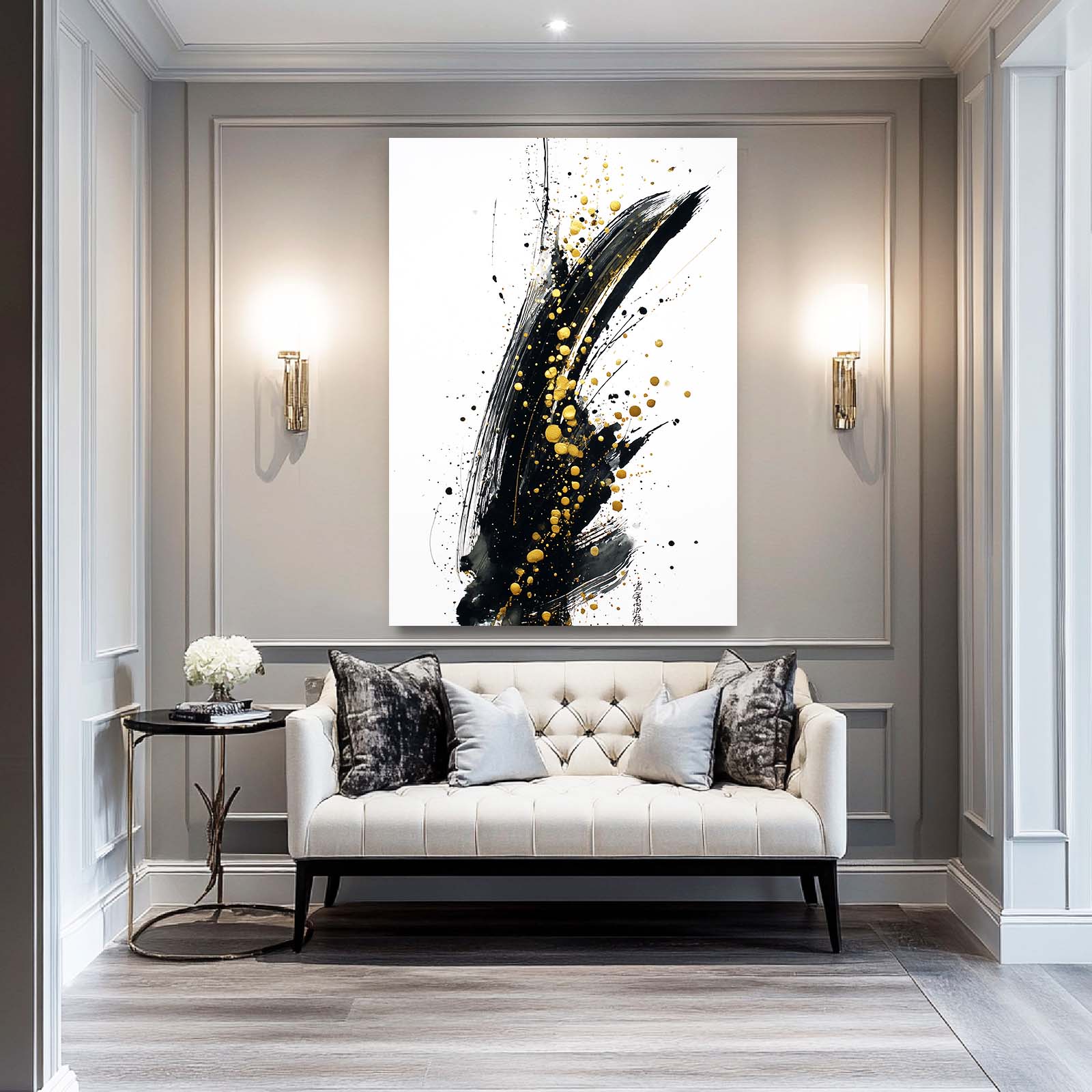 Ink Stroke Speckle Gold Art – styled in a furnished interior