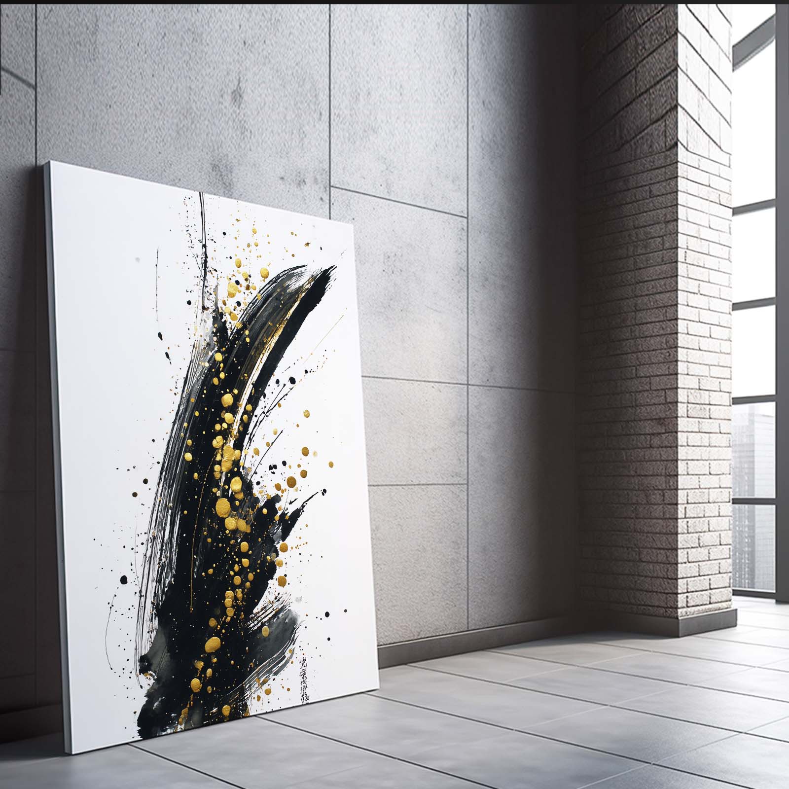 Ink Stroke Speckle Gold Art – styled in a furnished interior