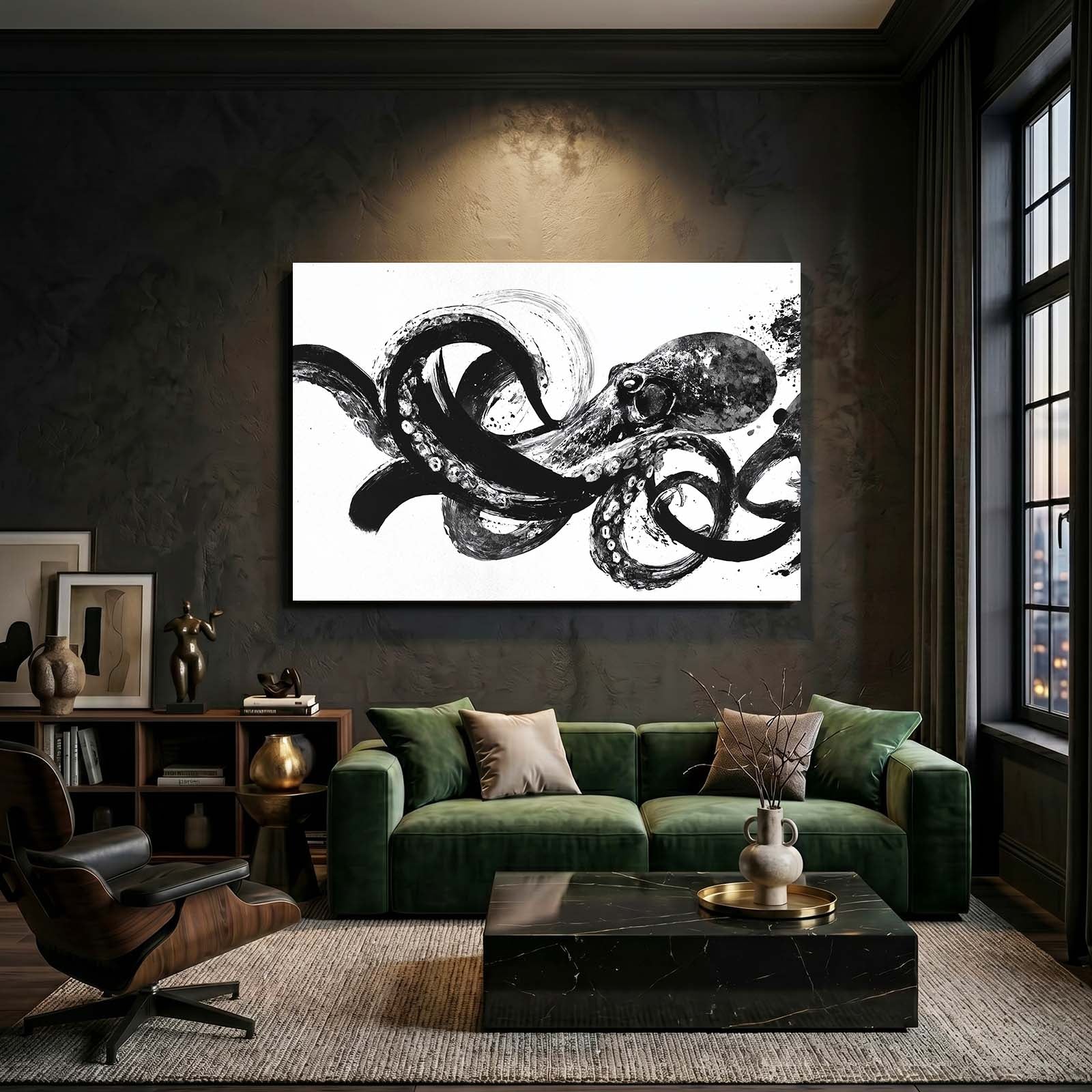 Ink Sweep Study Octopus Art – styled in a furnished interior