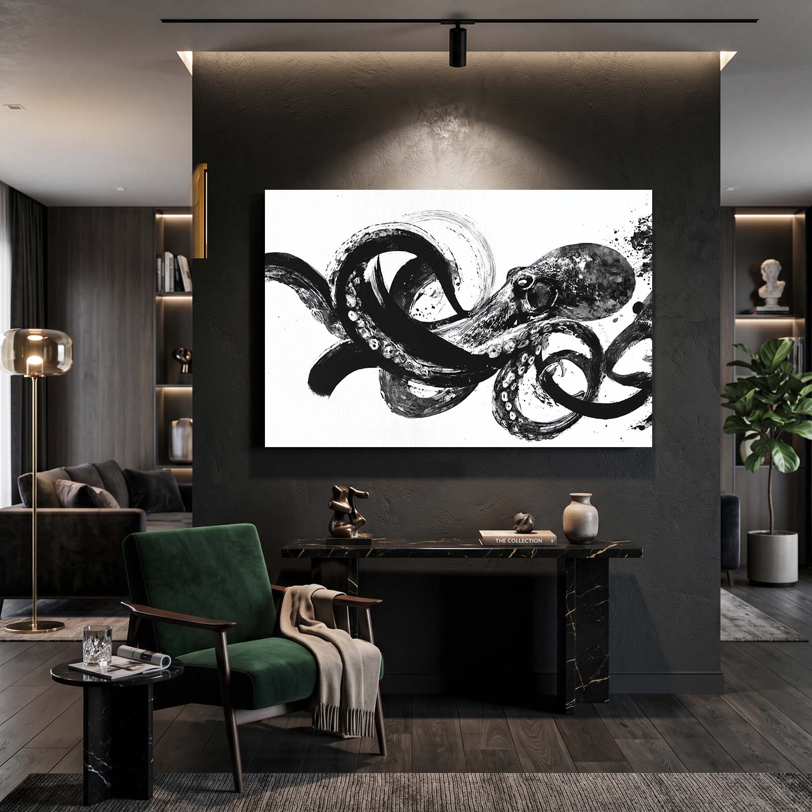Ink Sweep Study Octopus Art – styled in a furnished interior