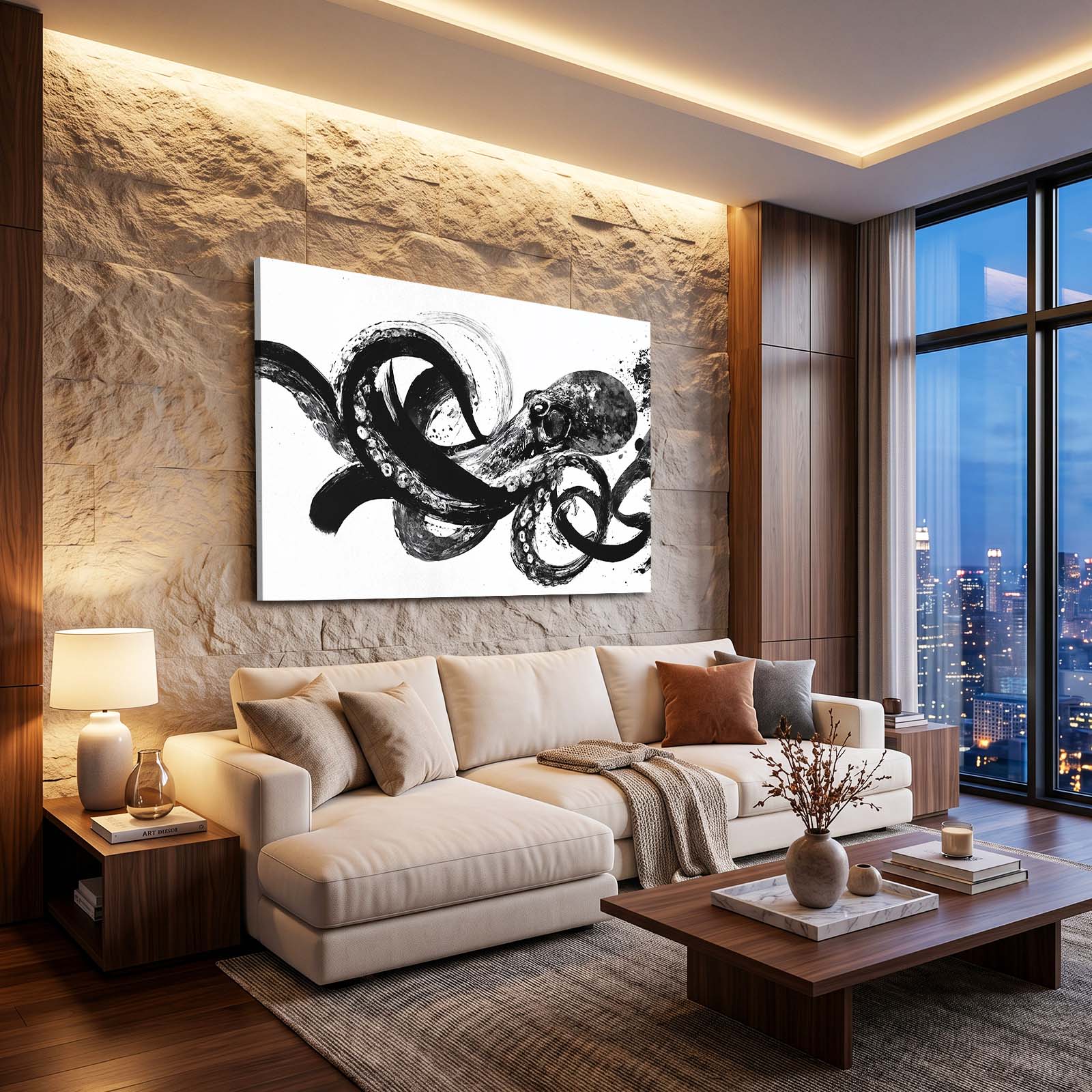 Ink Sweep Study Octopus Art – styled in a furnished interior
