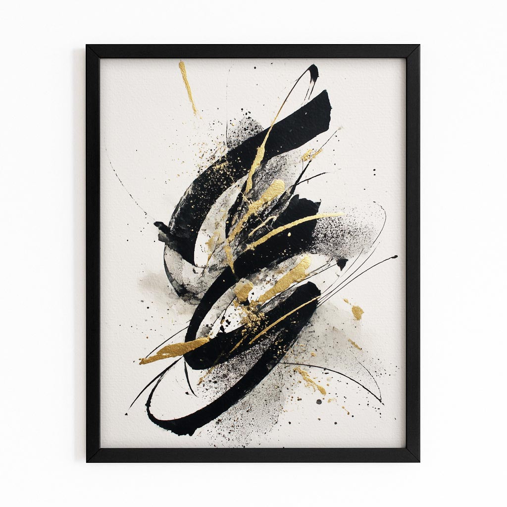 Ink Swirl Motion Gold Prints – with Premium Black frame on white background