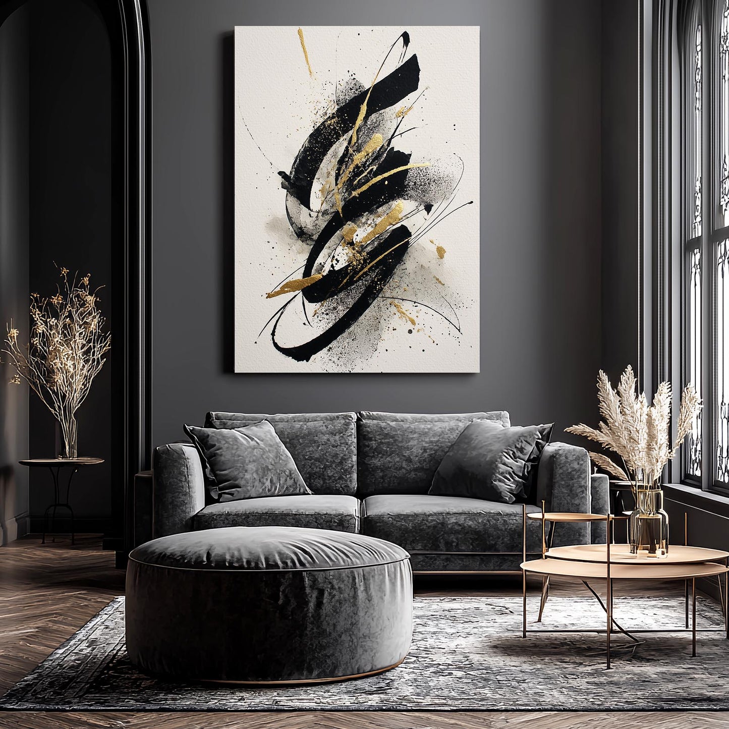 Ink Swirl Motion Gold Prints – styled in a furnished interior