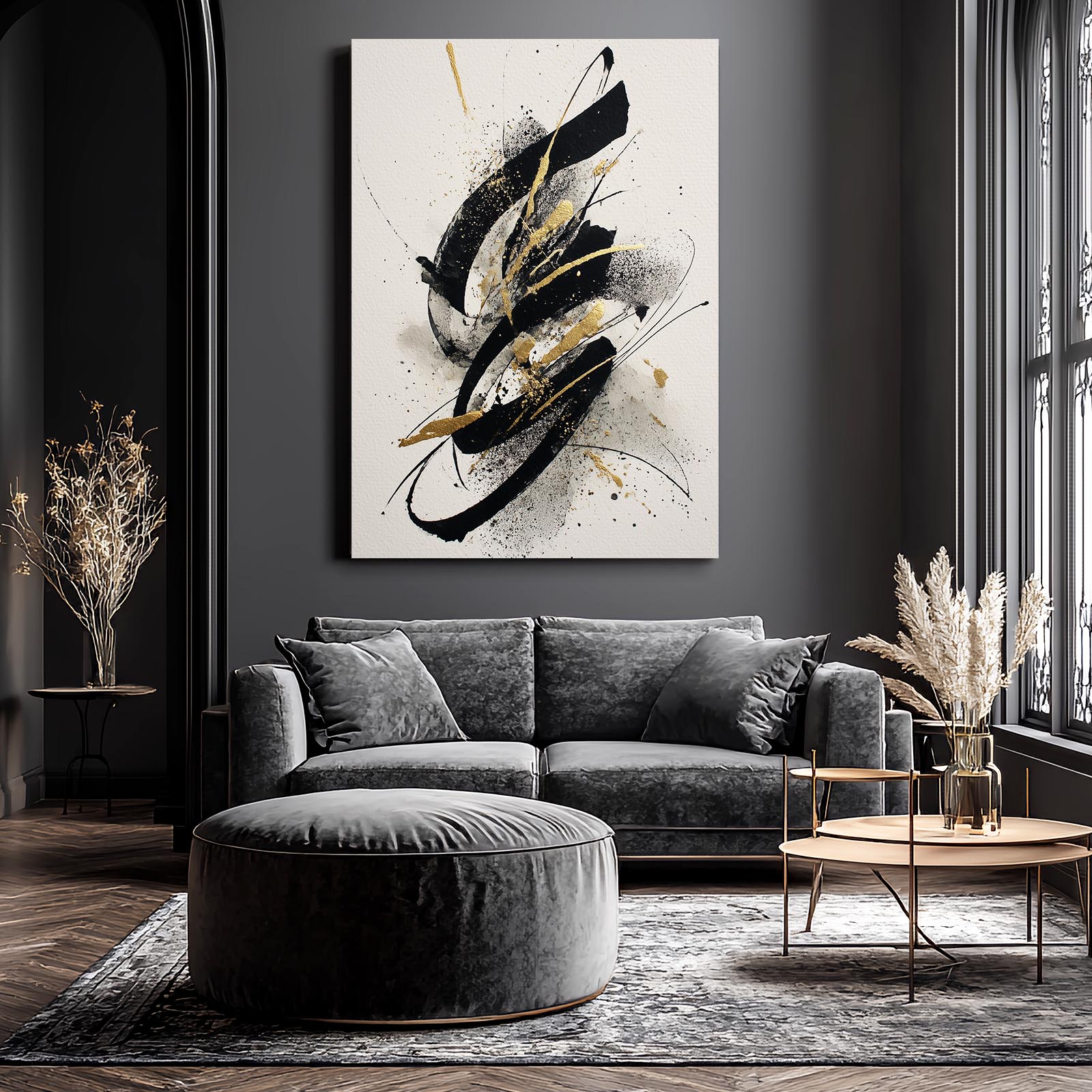 Ink Swirl Motion Gold Prints – styled in a furnished interior