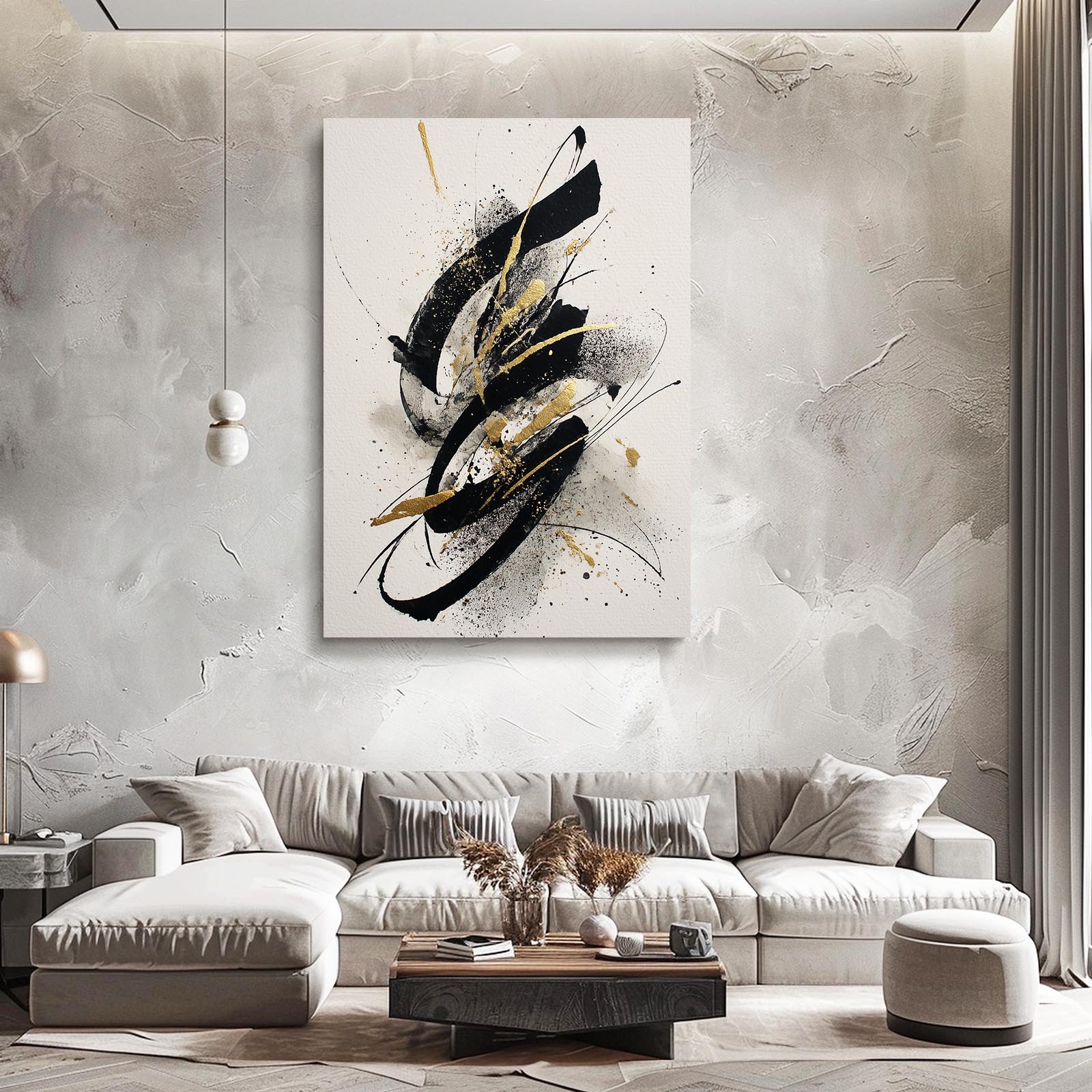 Ink Swirl Motion Gold Prints – styled in a furnished interior