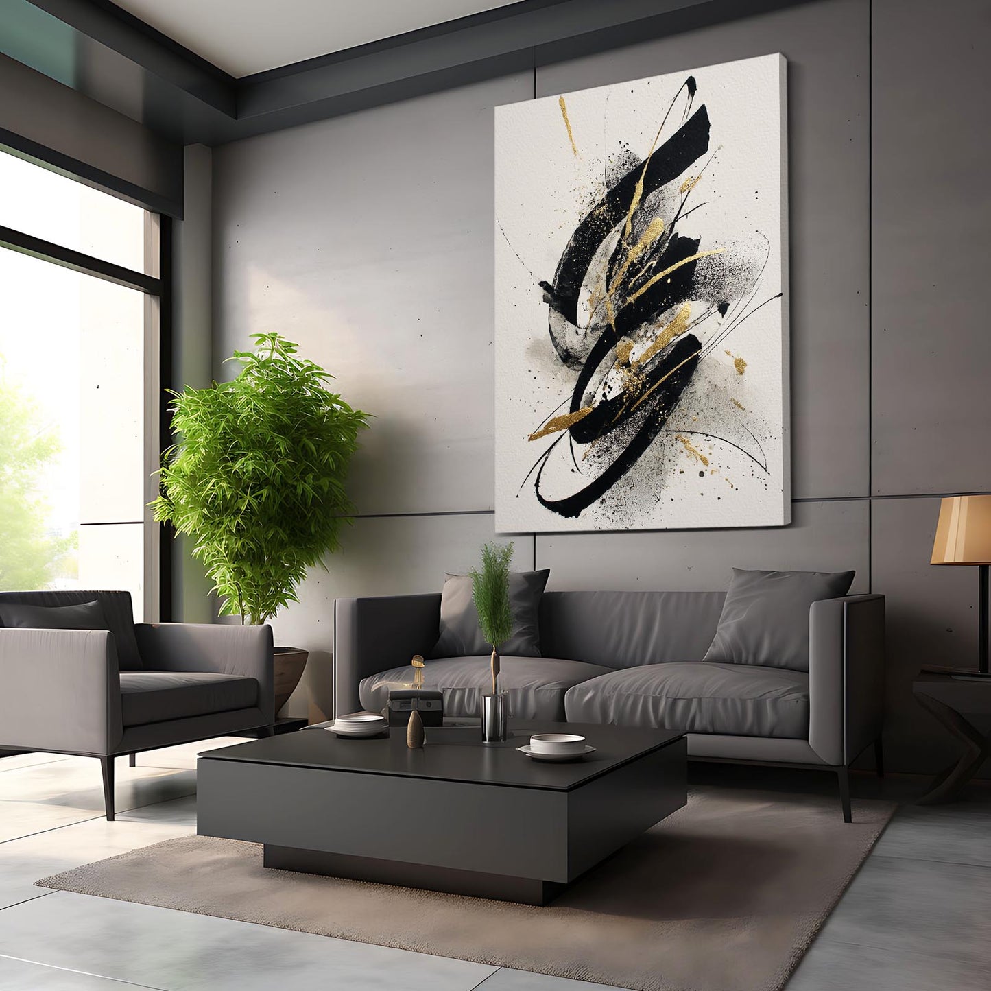 Ink Swirl Motion Gold Prints – styled in a furnished interior