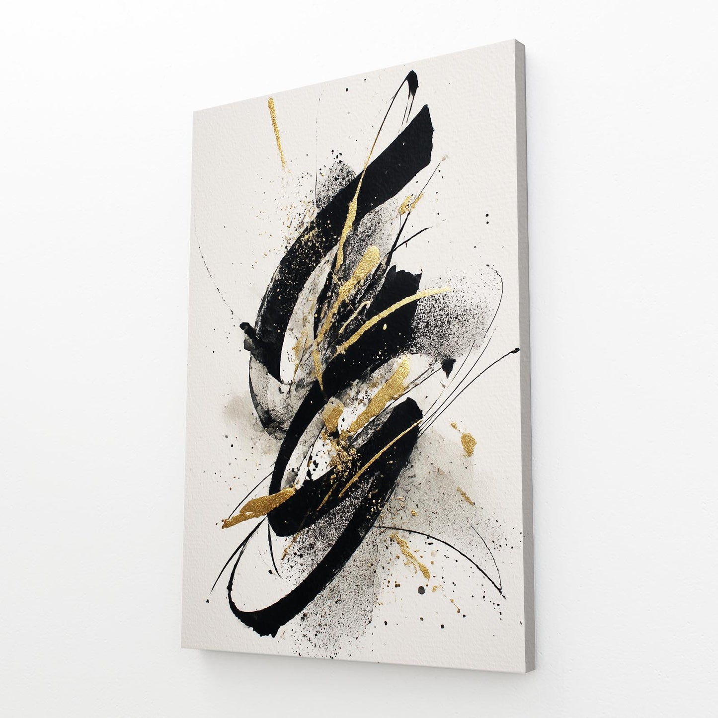 Ink Swirl Motion Gold Prints – angled canvas view on white background