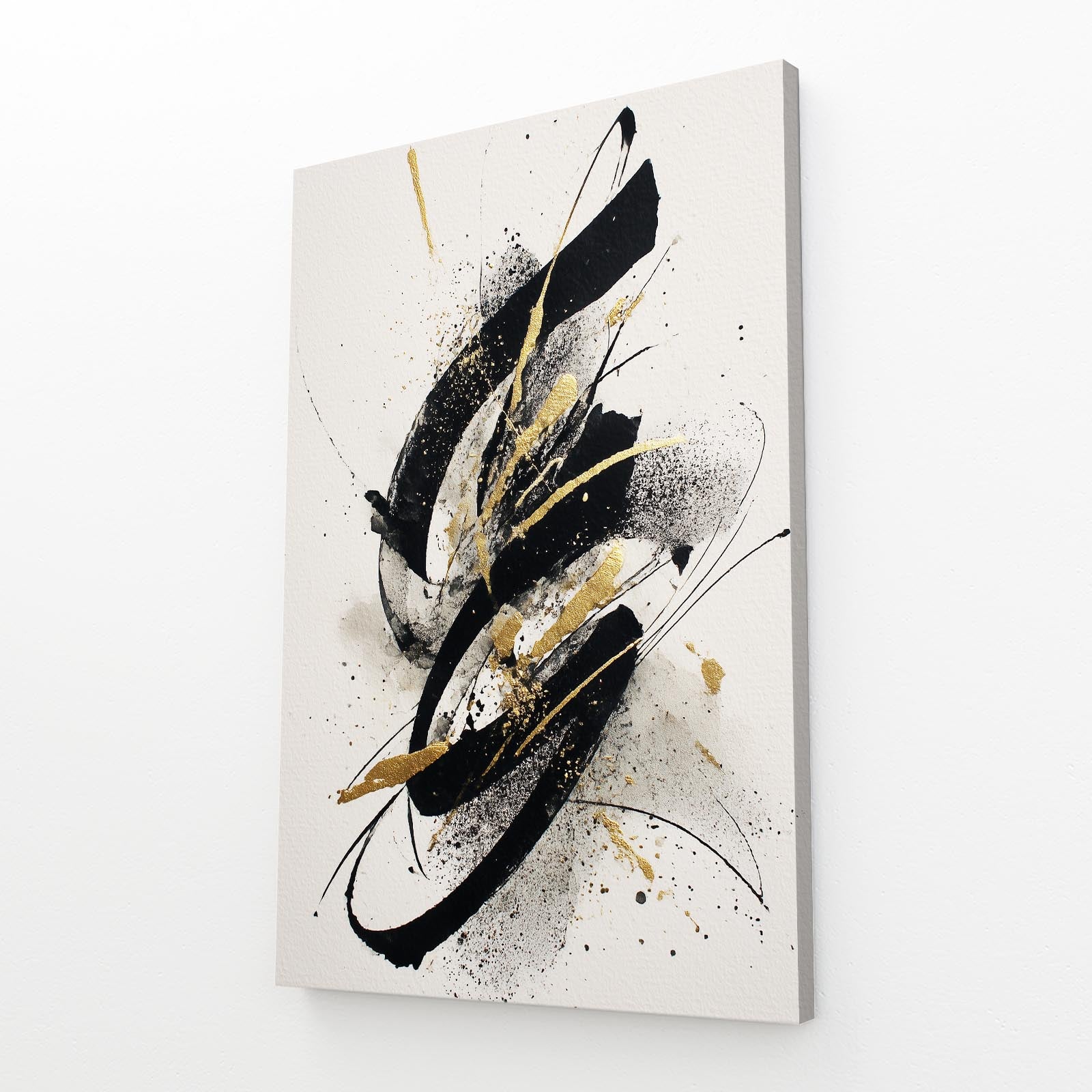 Ink Swirl Motion Gold Prints – angled canvas view on white background