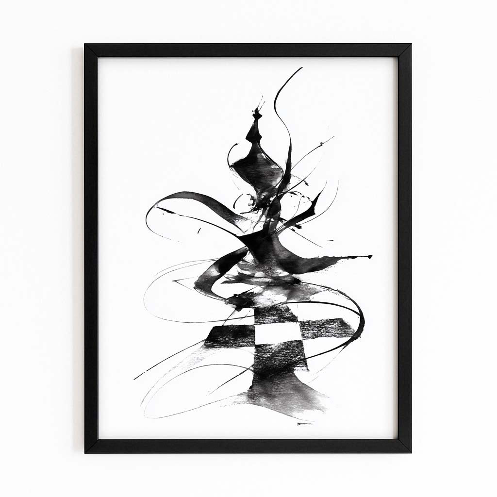 Ink Swirl Queen Chess Canvas Art – with Premium Black frame on white background