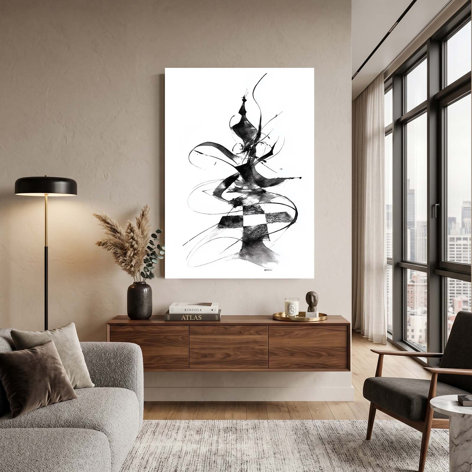 Ink Swirl Queen Chess Canvas Art – styled in a furnished interior