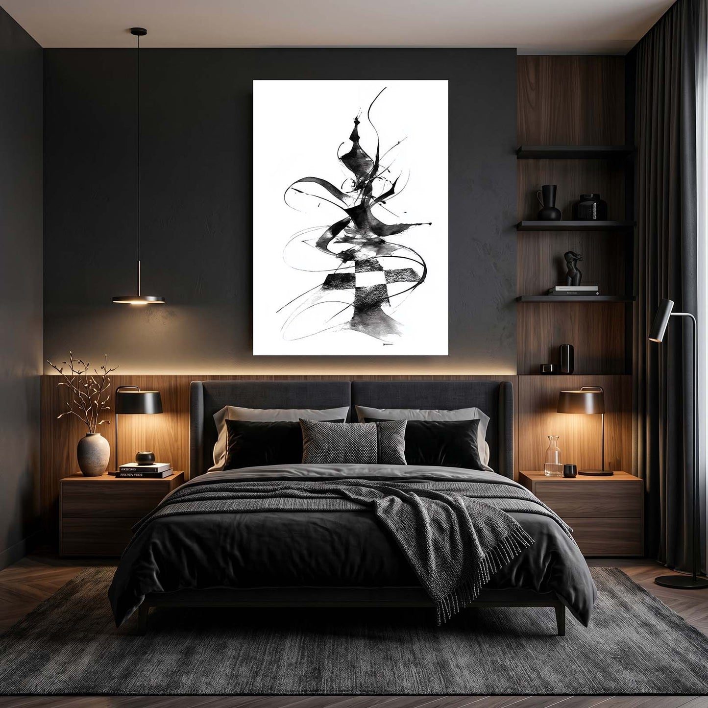 Ink Swirl Queen Chess Canvas Art – styled in a furnished interior