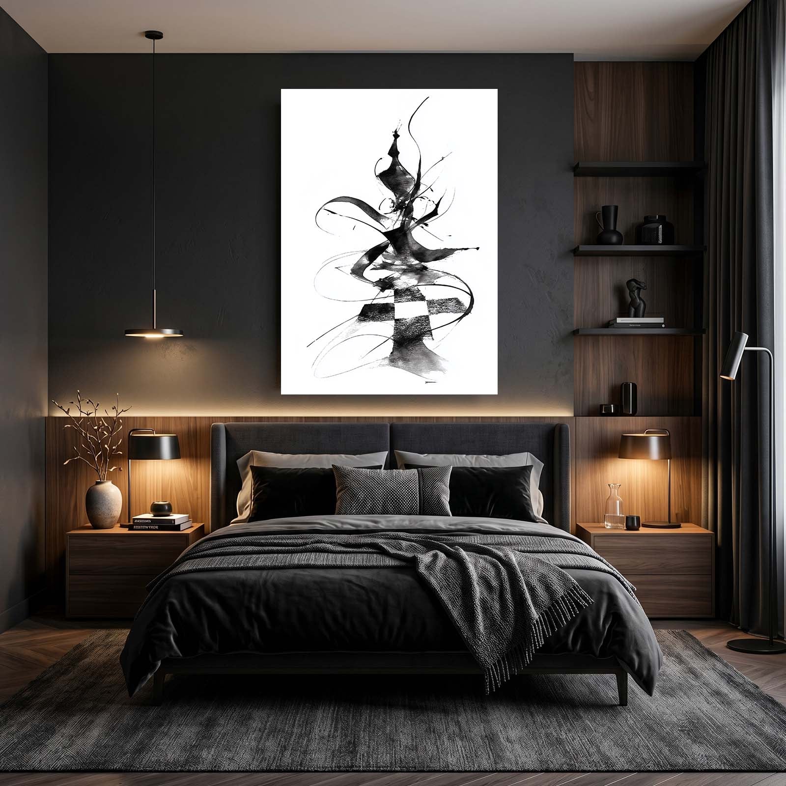 Ink Swirl Queen Chess Canvas Art – styled in a furnished interior