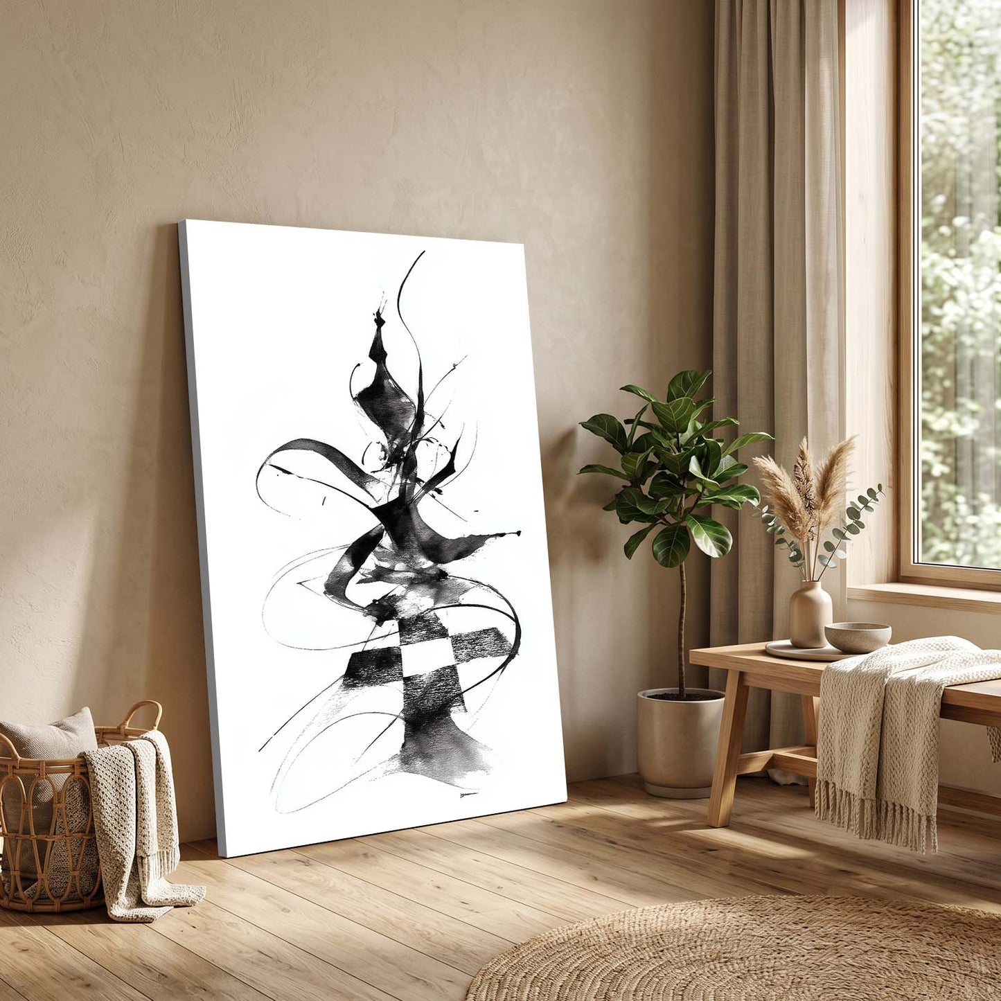 Ink Swirl Queen Chess Canvas Art – styled in a furnished interior