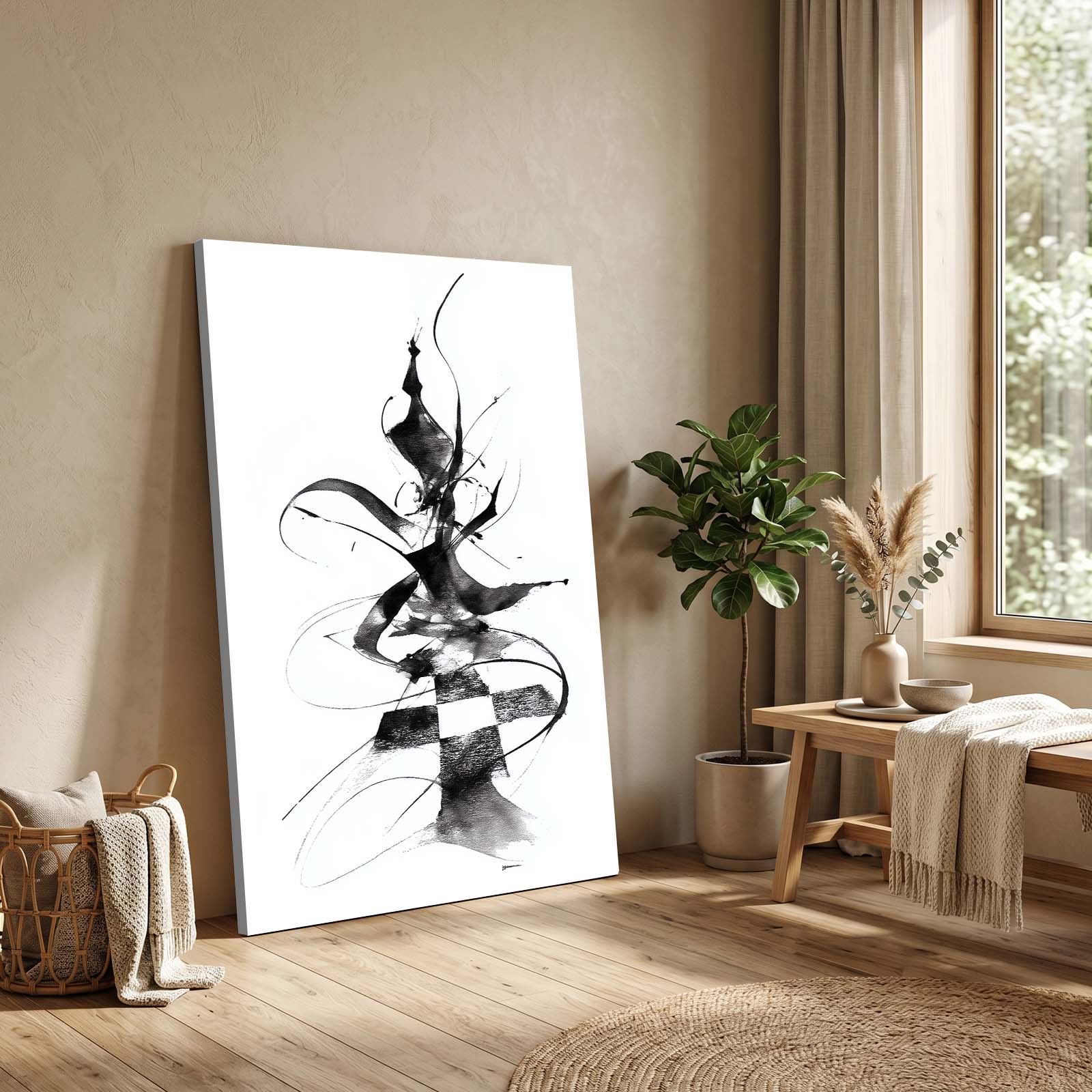 Ink Swirl Queen Chess Canvas Art – styled in a furnished interior