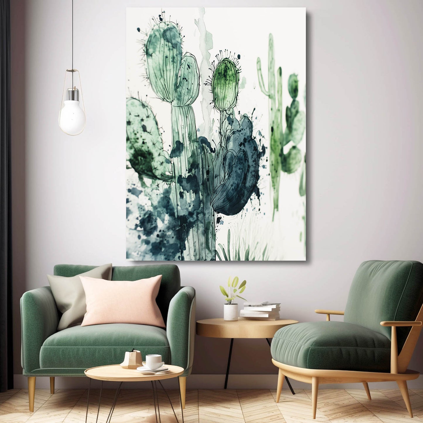 Ink Wash Green Cactus Art – styled in a furnished interior