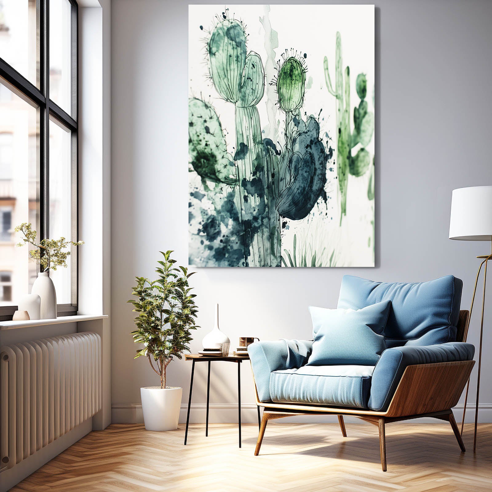 Ink Wash Green Cactus Art – styled in a furnished interior