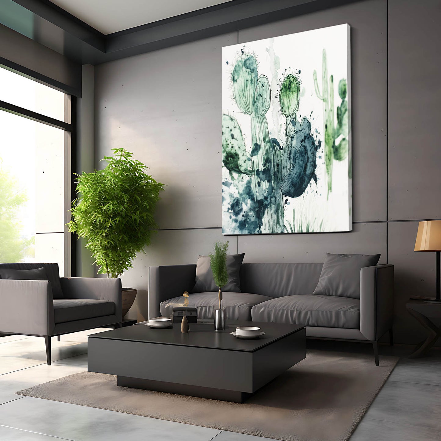 Ink Wash Green Cactus Art – styled in a furnished interior