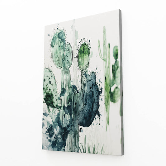 Ink Wash Green Cactus Art – angled canvas view on white background