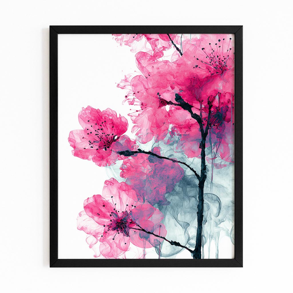 Ink Wash Petals Cherry Blossom Wall Art – with Premium Black frame on white background