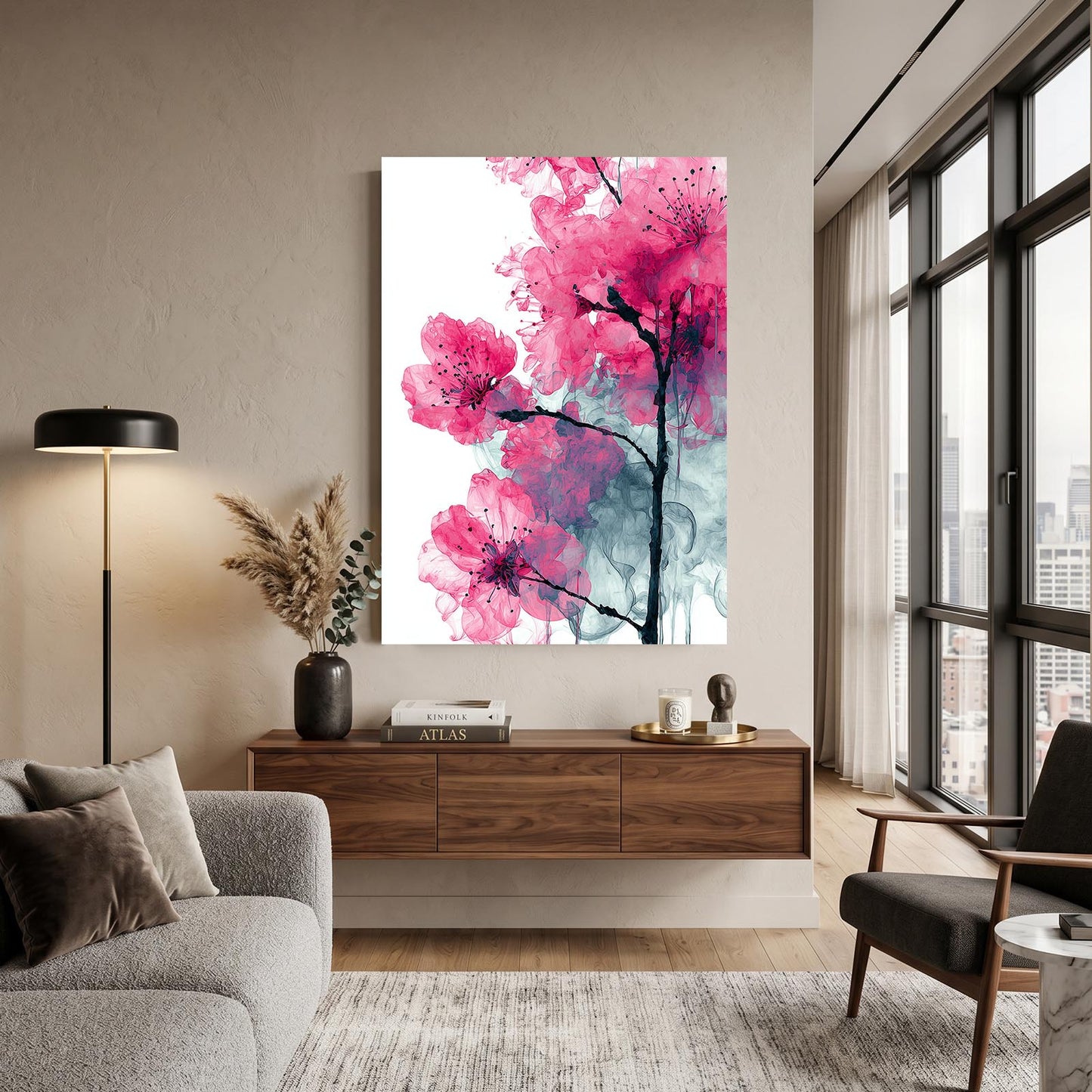 Ink Wash Petals Cherry Blossom Wall Art – styled in a furnished interior