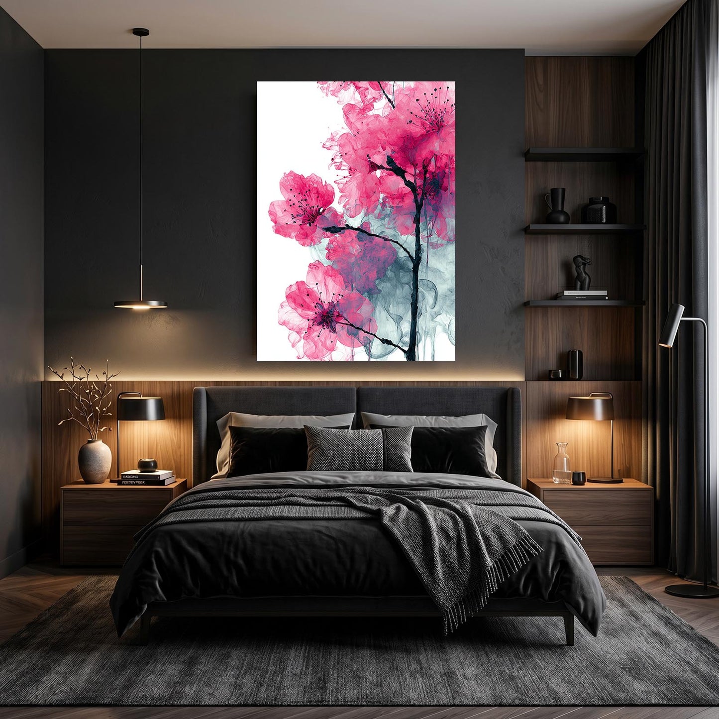 Ink Wash Petals Cherry Blossom Wall Art – styled in a furnished interior