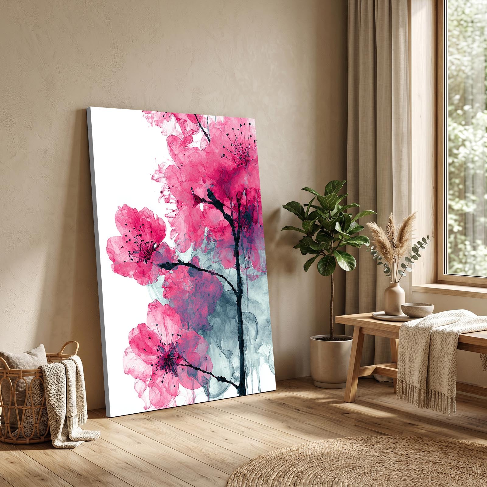 Ink Wash Petals Cherry Blossom Wall Art – styled in a furnished interior
