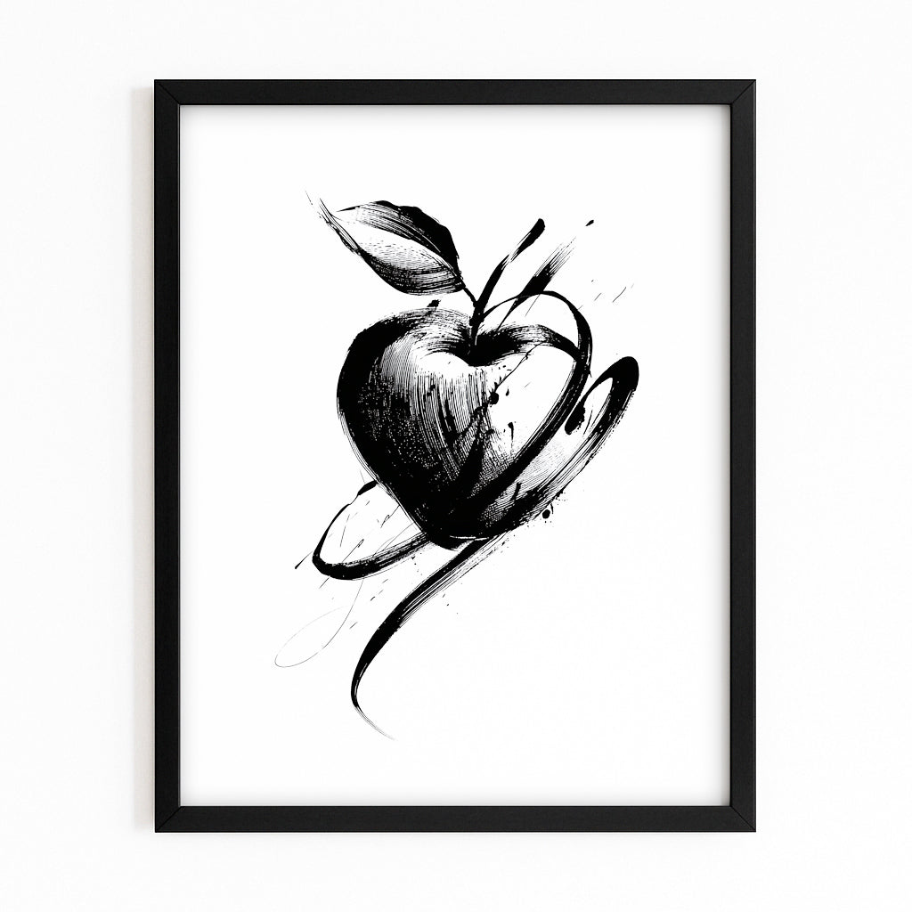 Ink Wash Sketch Apple Prints – with Premium Black frame on white background