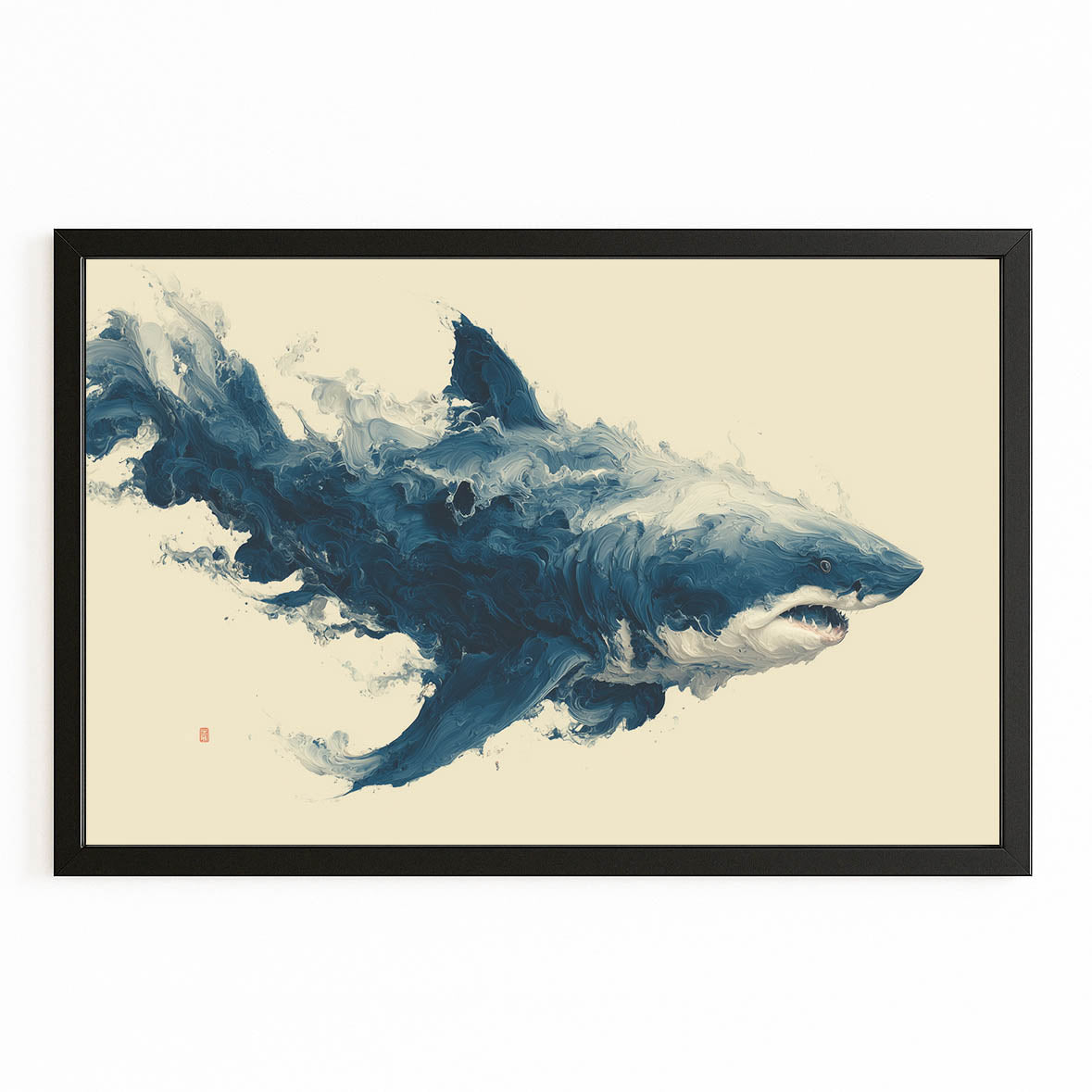 Ink Wash Storm Shark Canvas Art – with Premium Black frame on white background