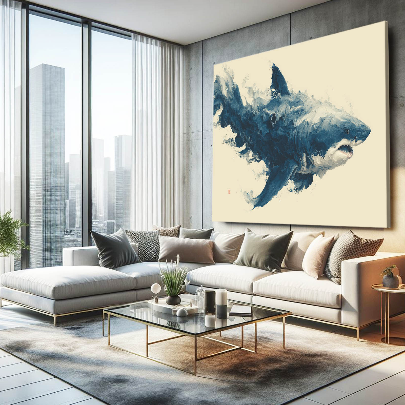 Ink Wash Storm Shark Canvas Art – styled in a furnished interior