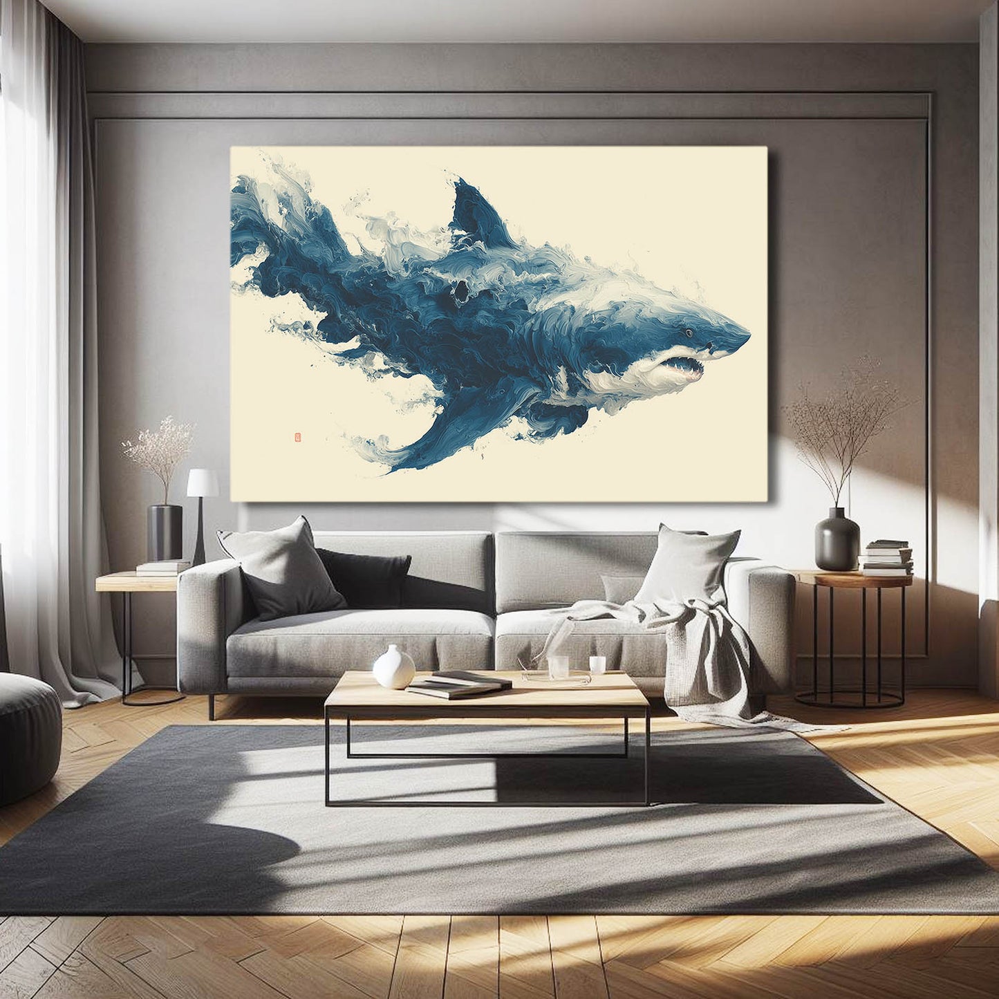 Ink Wash Storm Shark Canvas Art – styled in a furnished interior