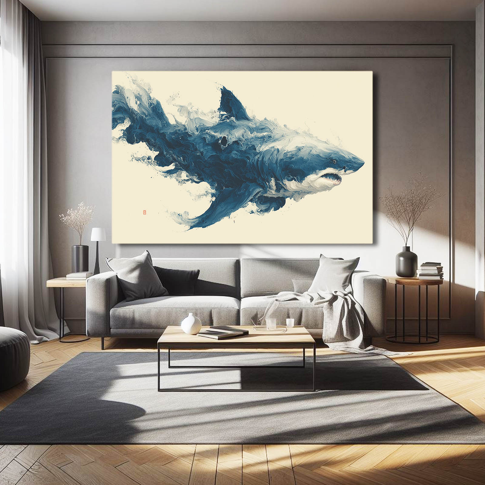 Ink Wash Storm Shark Canvas Art – styled in a furnished interior