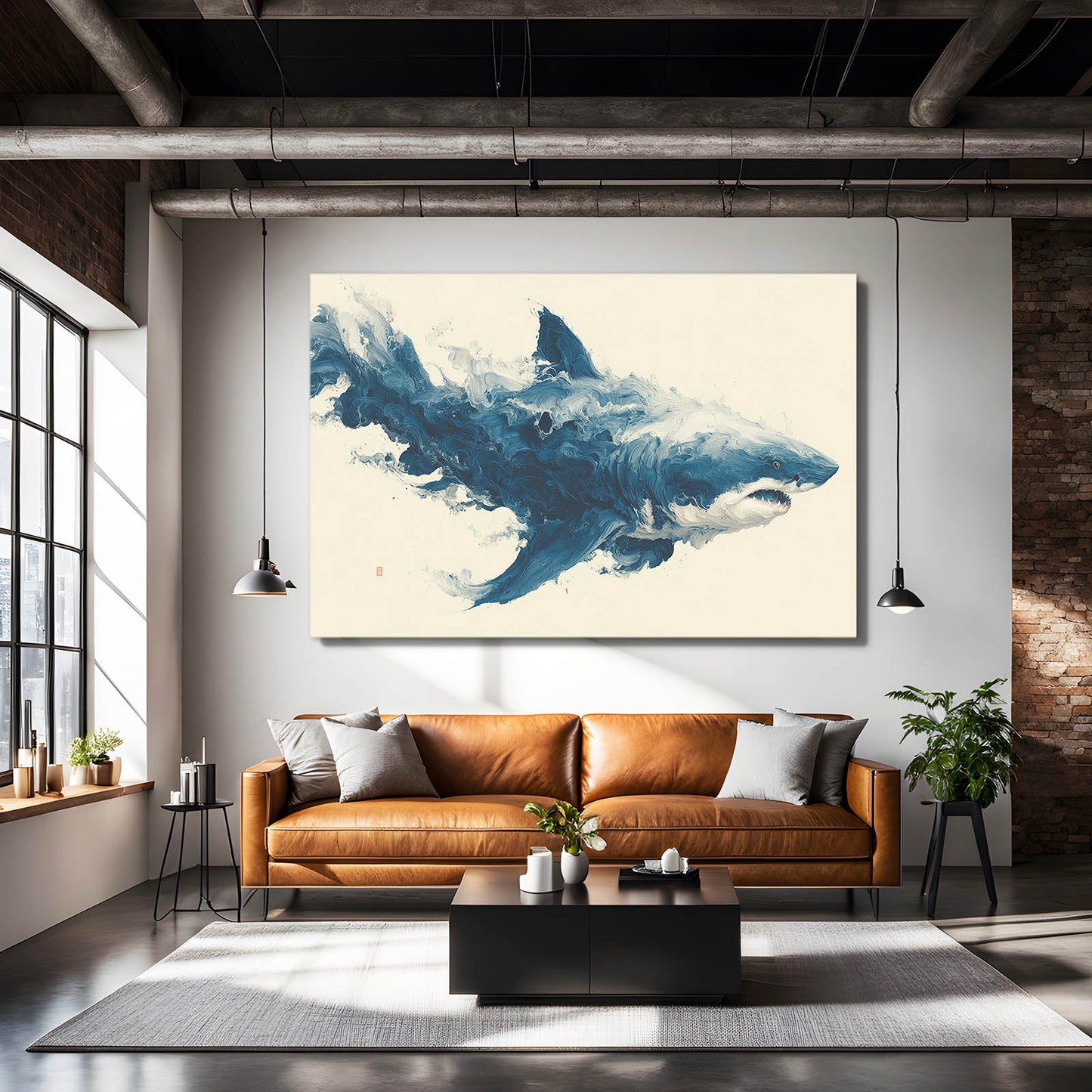 Ink Wash Storm Shark Canvas Art – styled in a furnished interior