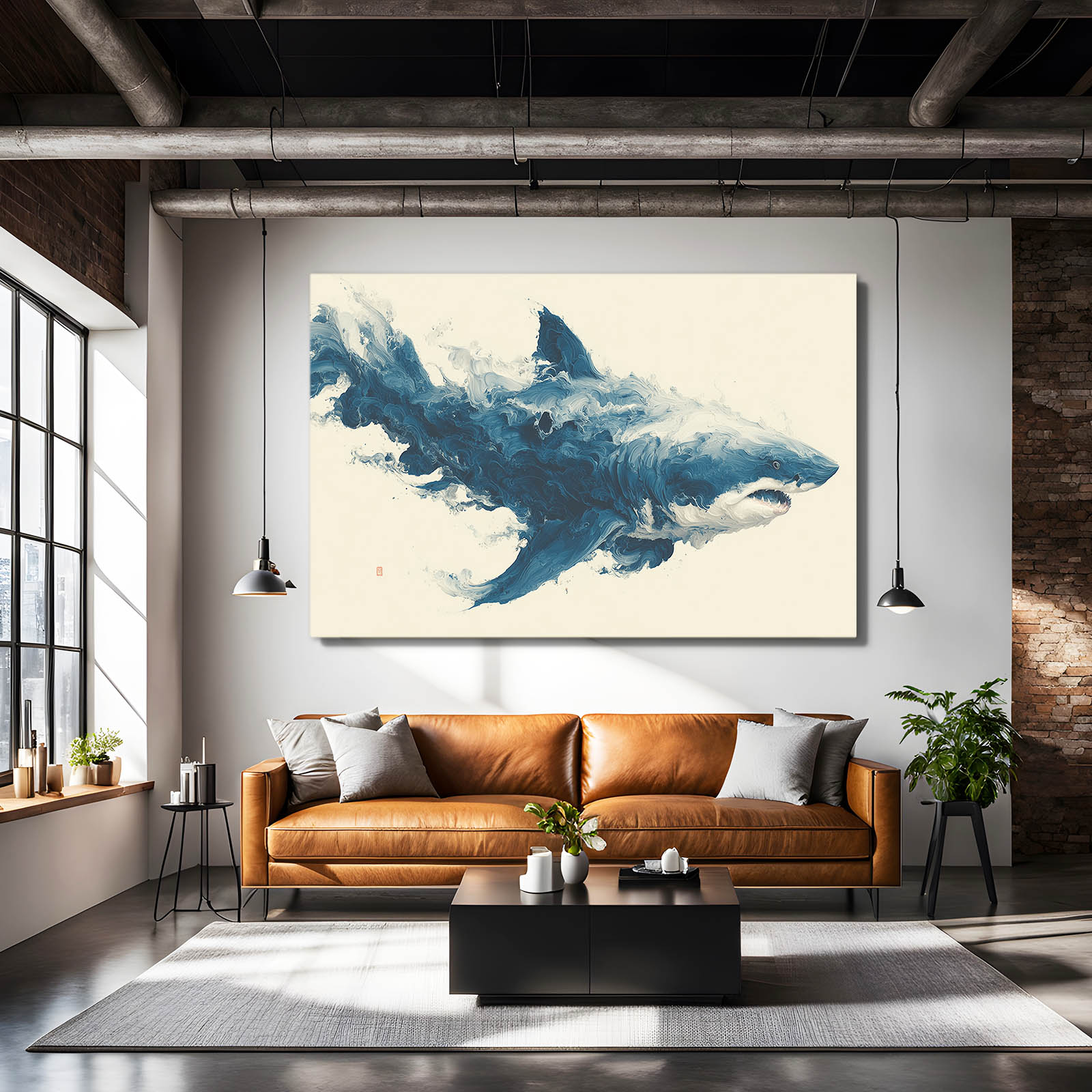 Ink Wash Storm Shark Canvas Art – styled in a furnished interior