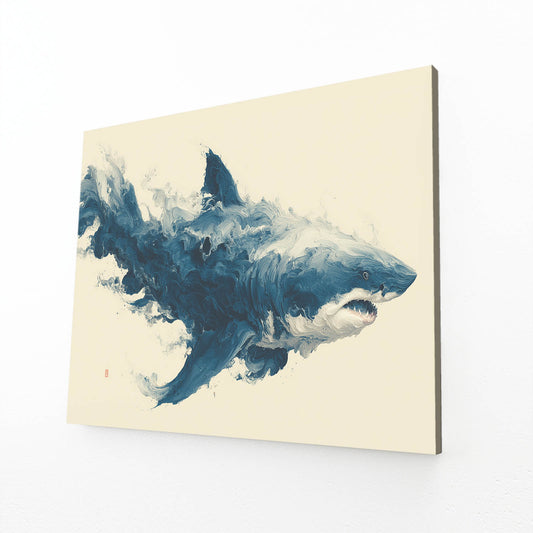 Ink Wash Storm Shark Canvas Art – angled canvas view on white background