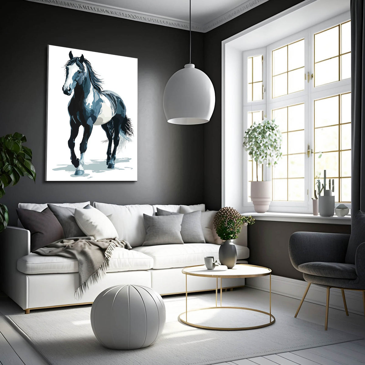 Ink Wash Stride Horse Prints — minimalist canvas print, styled in a furnished interior