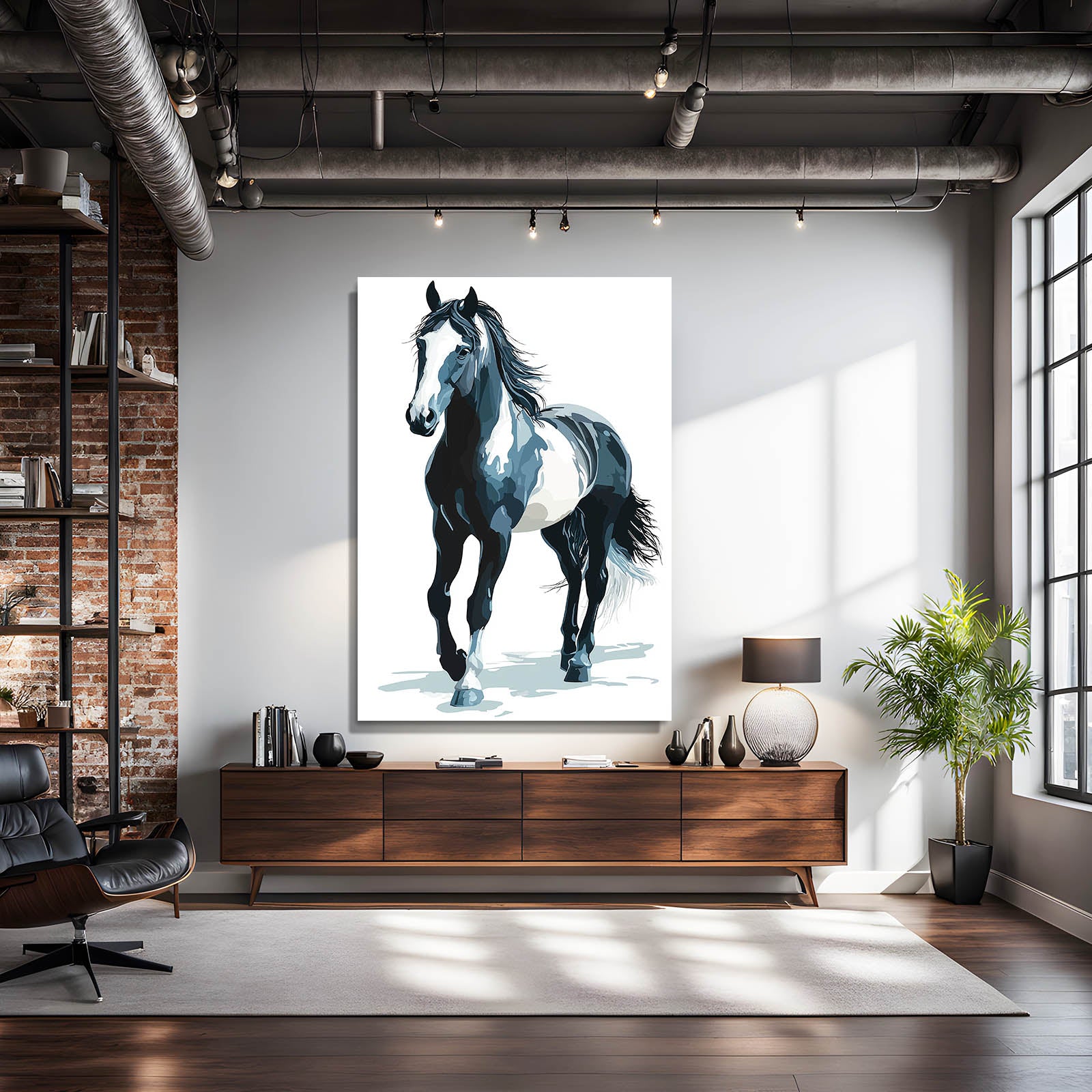 Ink Wash Stride Horse Prints — minimalist canvas print, styled in a furnished interior