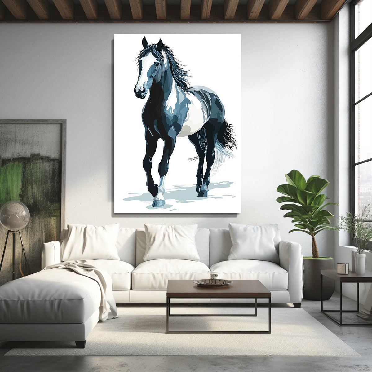 Ink Wash Stride Horse Prints — minimalist canvas print, styled in a furnished interior