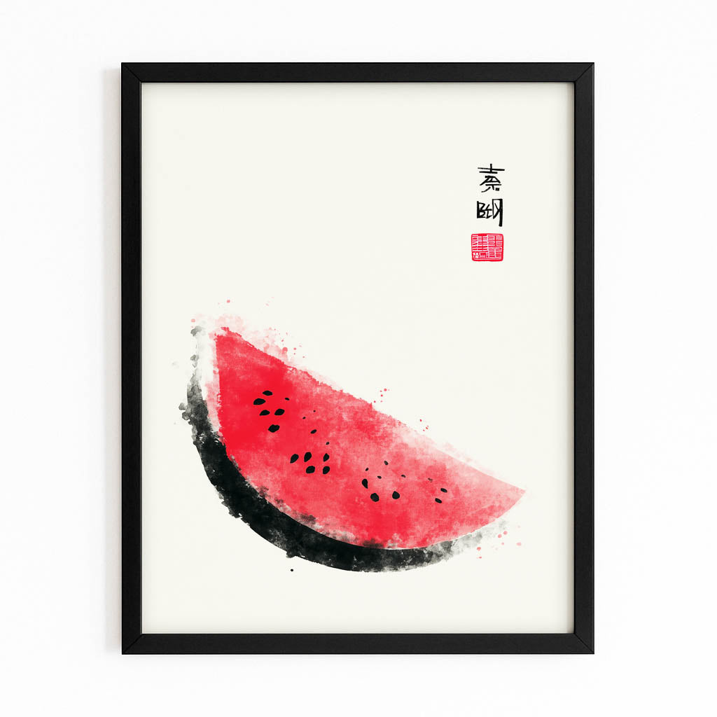 Ink Wash Watermelon Fruit Wall Art – with Premium Black frame on white background