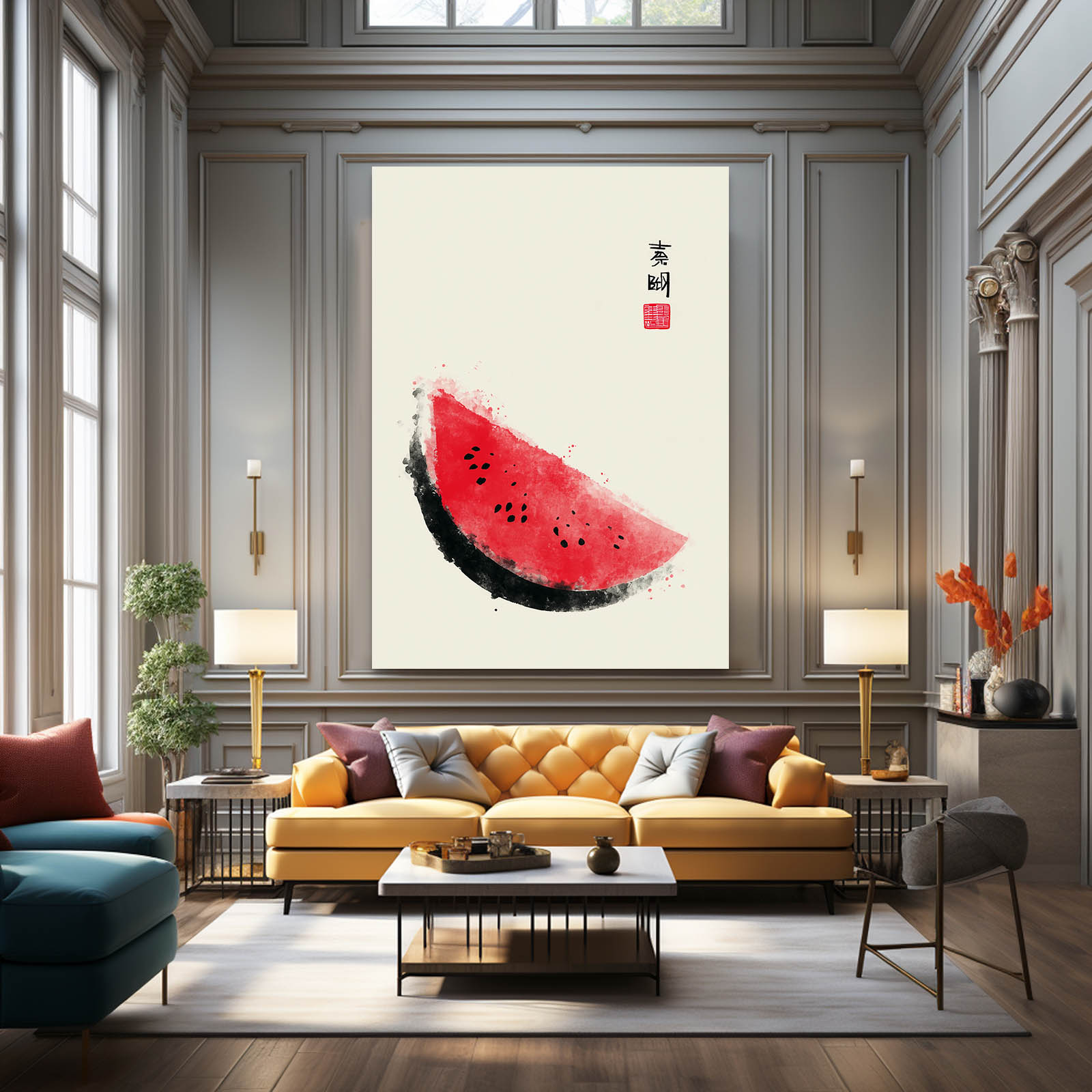Ink Wash Watermelon Fruit Wall Art – with Premium Black frame on white background