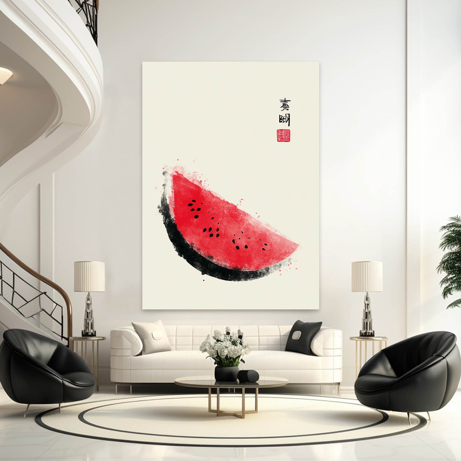 Ink Wash Watermelon Fruit Wall Art – with Premium Black frame on white background