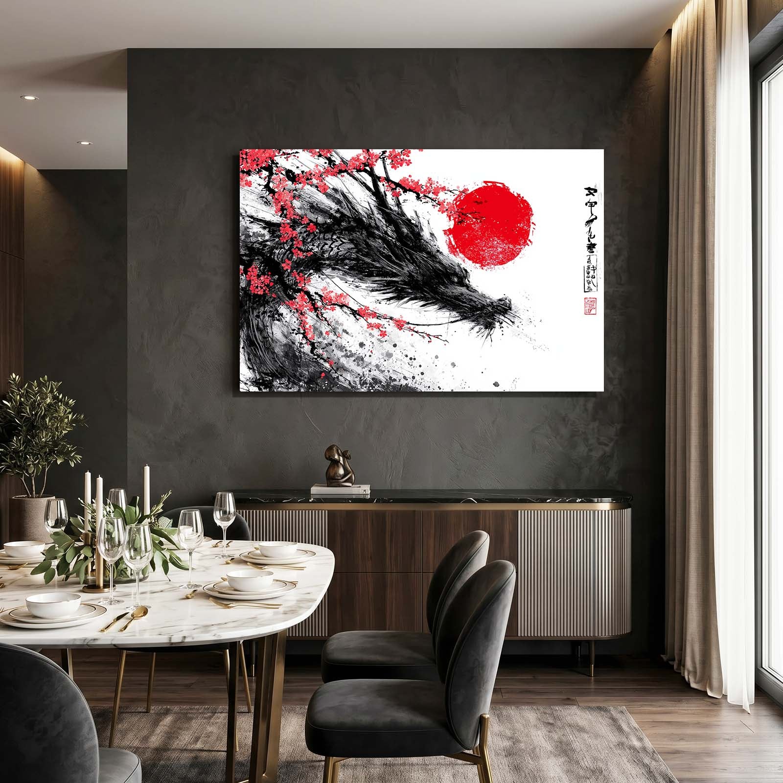 Ink Wolf Sun Cherry Blossom Wall Decor – styled in a furnished interior