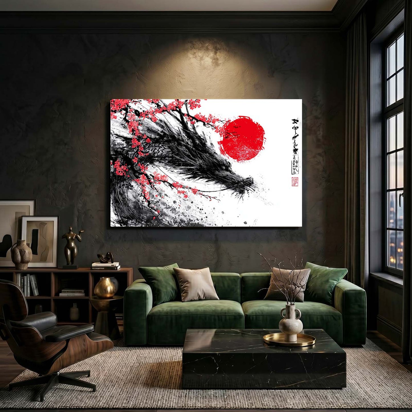 Ink Wolf Sun Cherry Blossom Wall Decor – styled in a furnished interior