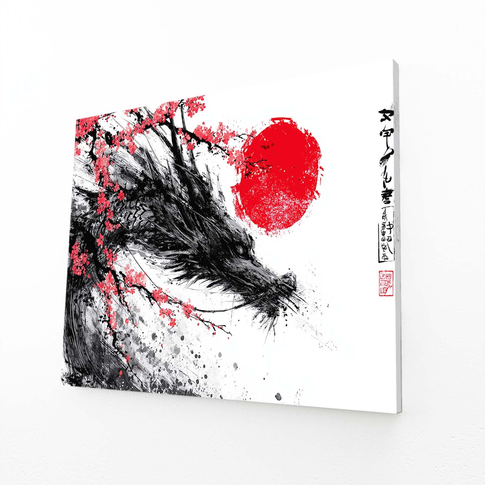 Ink Wolf Sun Cherry Blossom Wall Decor – angled canvas view on white background
