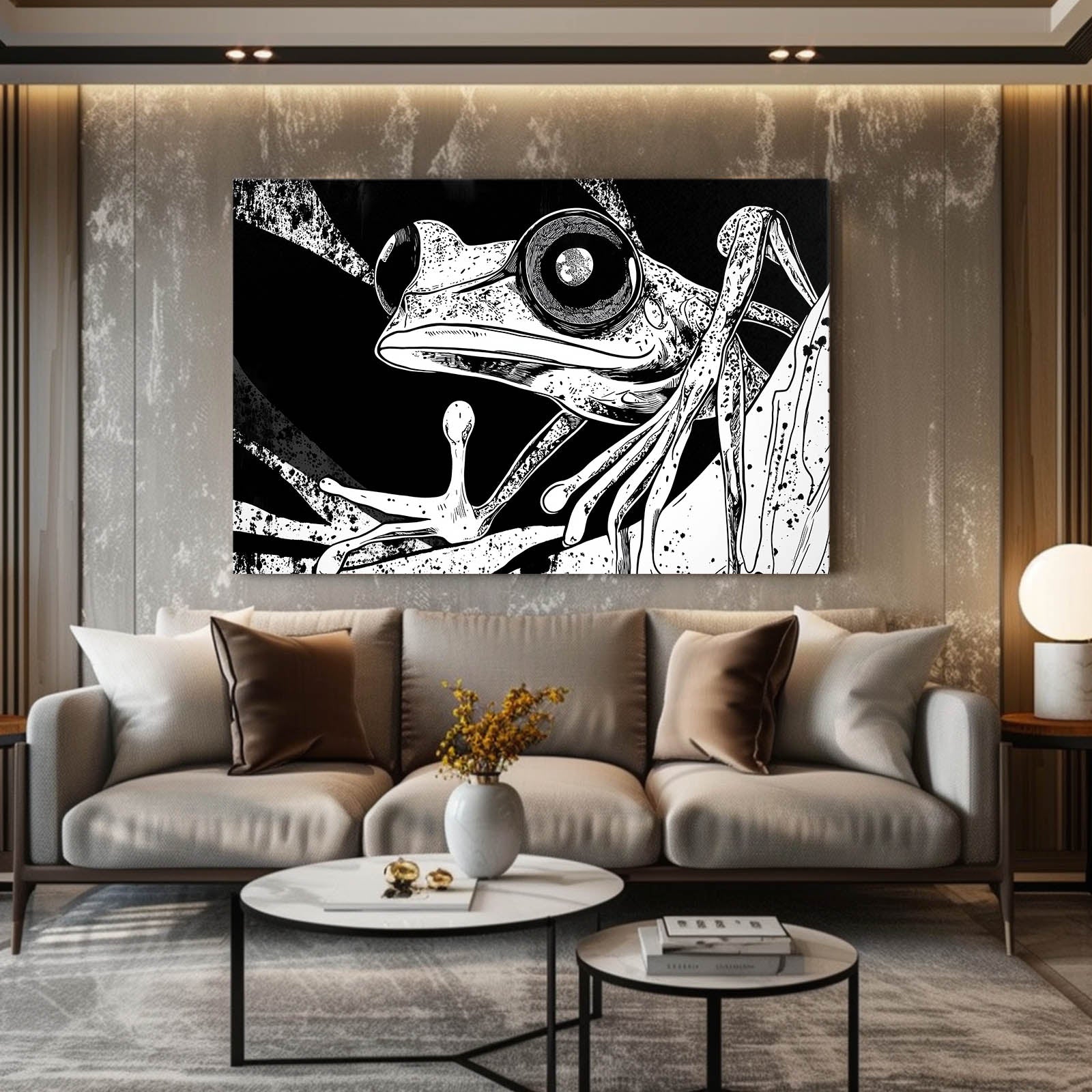 Inky Branch Sketch Frog Prints – styled in a furnished interior