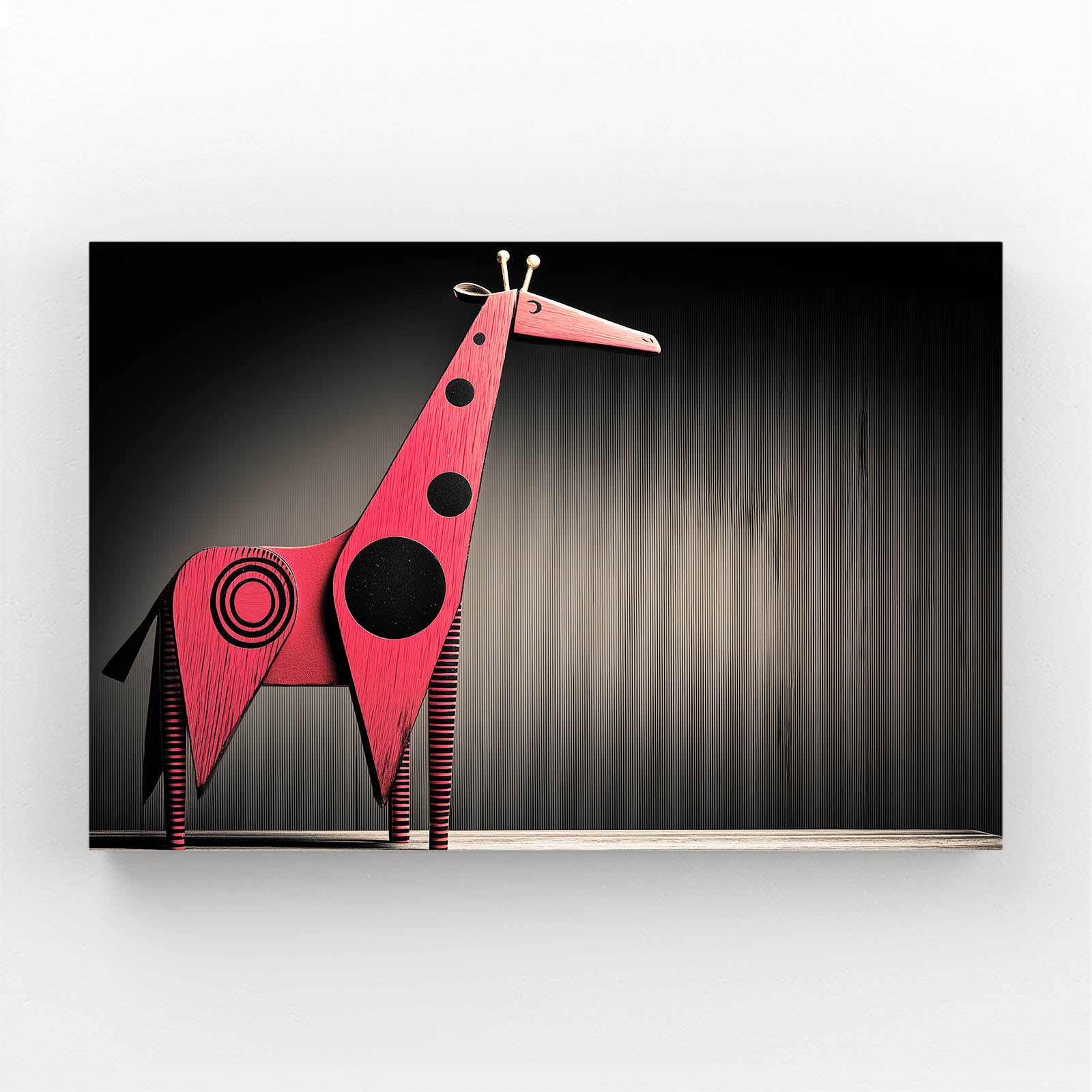 Abstract art piece of a red and black giraffe-like creature on a dark background