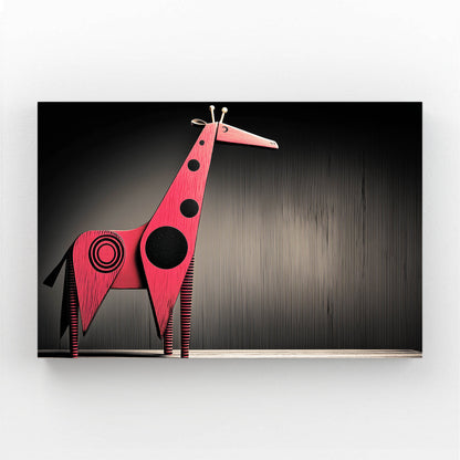 Abstract art piece of a red and black giraffe-like creature on a dark background