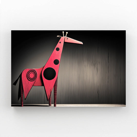 Abstract art piece of a red and black giraffe-like creature on a dark background