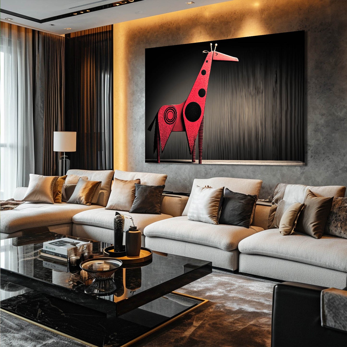 Modern living room with a large sofa, coffee table, and abstract giraffe artwork on the wall.