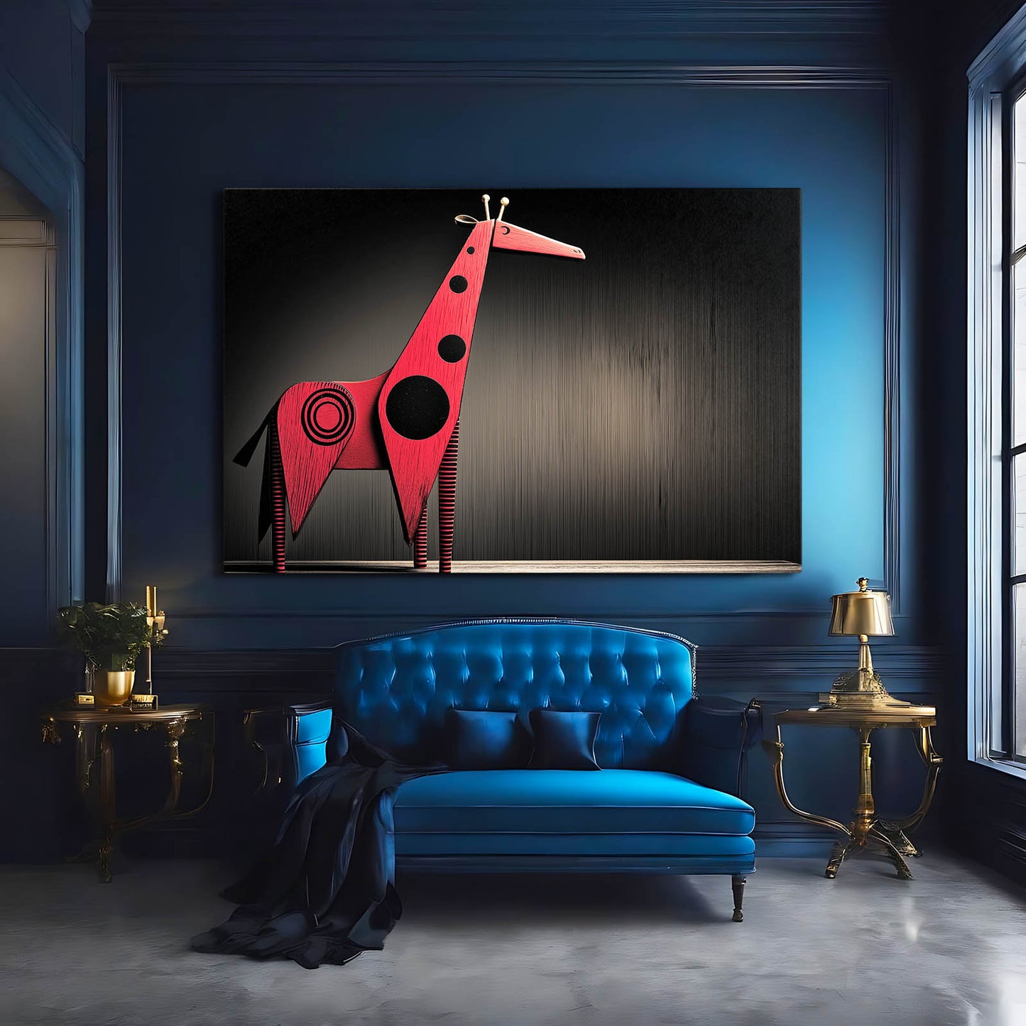 Modern interior with a blue sofa, red giraffe sculpture, and gold side tables.